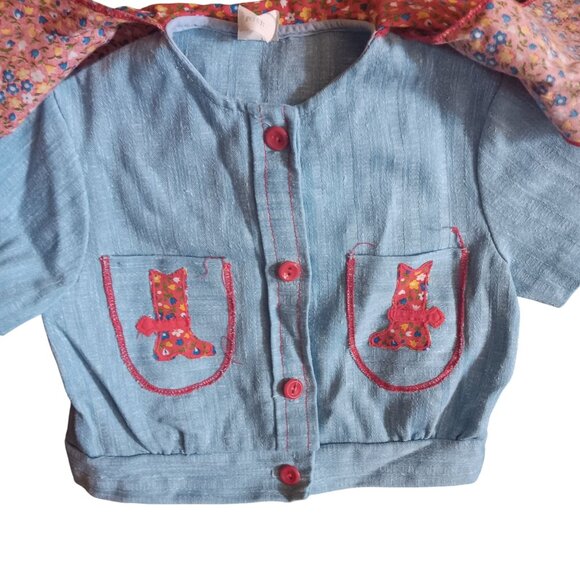 5T Vintage Girls Cowgirl Top Embroidered Boot Pockets Neck Bandana Tie 1970's - Picture 2 of 6